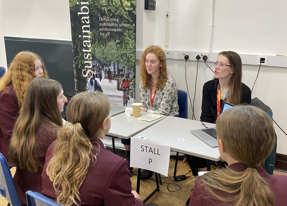 Representatives from Arup Group speak to Tytherington School pupils, at the eco-summit's eco jobs fair. Other companies which attended included Mark Lancelott Consultancy and Elite Ecology. 