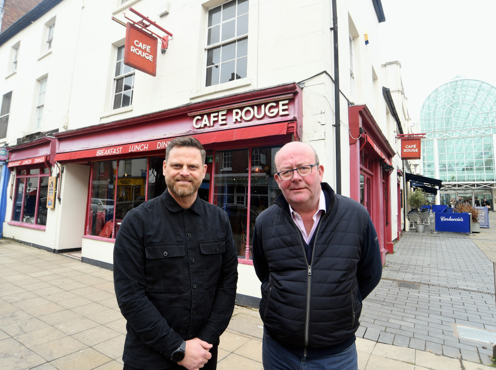 Matt Crowther (left) with Bill Wareing outside the former Café Rouge on Regent Street in Leamington Spa, where Taverna Meraki has now opened (image via Advent PR)