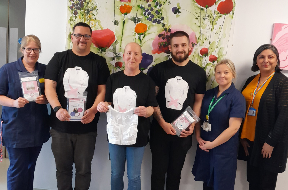  Photo: Letchworth mum, Natalie (pictured centre), and her brothers Matt and Conner, raised £2,910 to provide ‘Reco’ bras for patients who have had breast cancer surgery. CREDIT:: East and North Hertfordshire Hospitals’ Charity