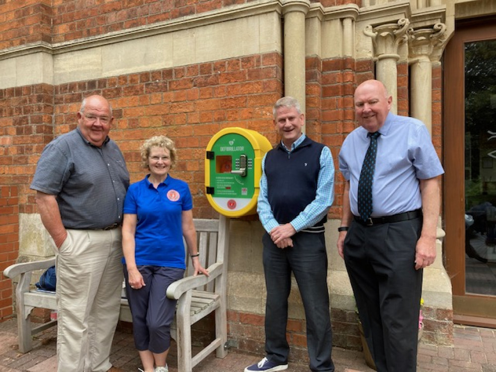 From left - Neil Morris, Chairman, Kenilworth HeartSafe; Seringa Dudley, Trustee and Lead Trainer Kenilworth HeartSafe; Mark Stevens, Main funder for this AED; George Jones, Church Leader Kenilworth URC (Image via KHS)