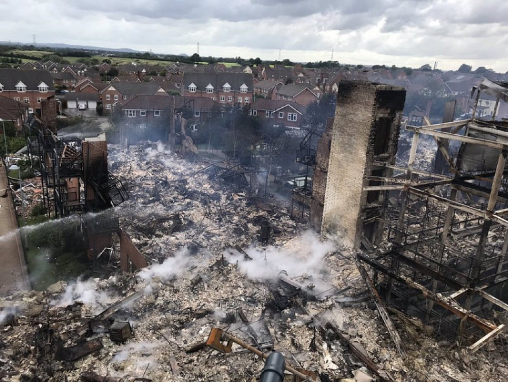 Six companies are facing charges over a fire that destroyed Beechmere Retirement Village, Rolls Avenue, in August 2019 (Cheshire Fire and Rescue Service).