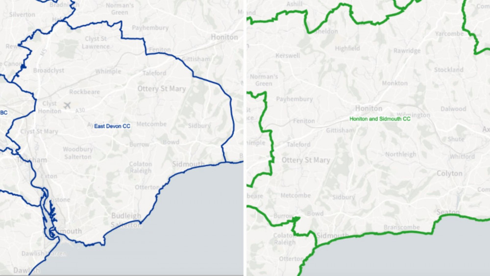 L: Current East Devon seat. R: Proposed new Honiton and Sidmouth seat (BC)