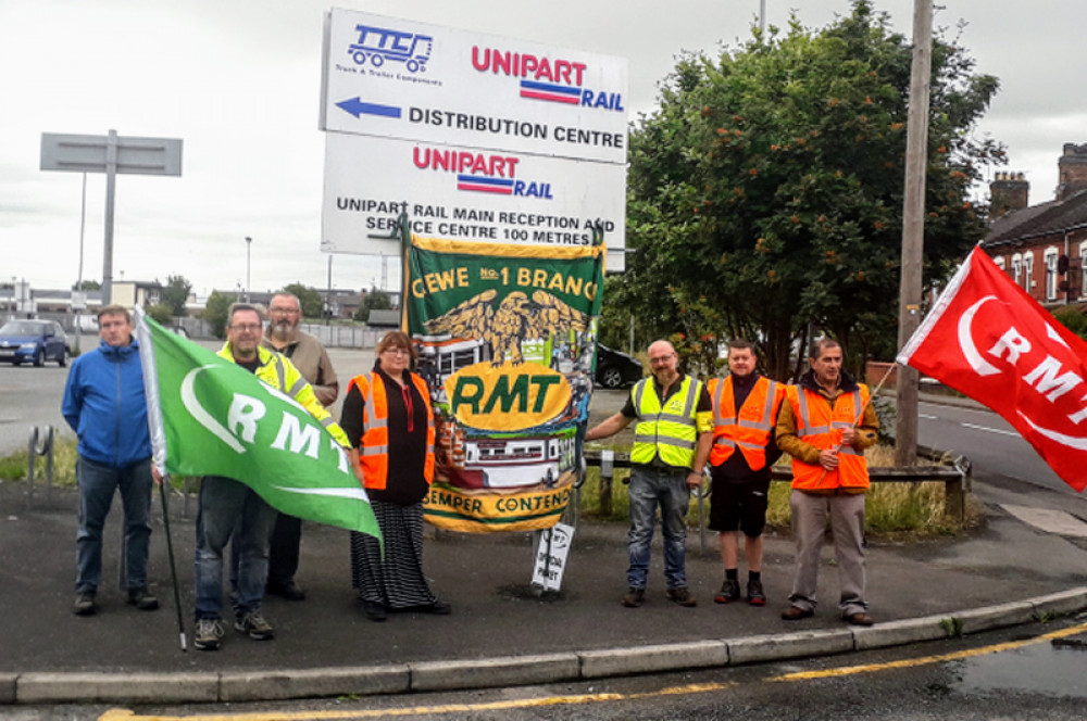 On Wednesday 12 July, workers for Unipart Rail, Gresty Road, went on strike, campaigning close to Crewe Alexandra Football Club (RMT).