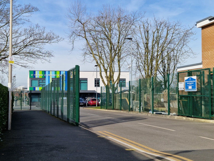 The public have been invited to comment on the school street trial outside St Thomas' RC Primary (Image - Stockport Council)