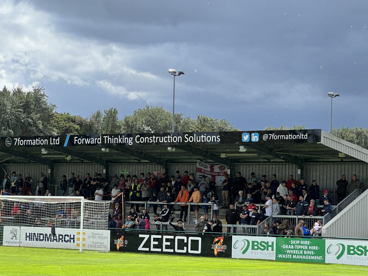 AFC Stamford 2-1 Stevenage. PICTURE: The start of the second half was delayed after a torrential downpour at the Zeeco Stadium. CREDIT: @laythy29