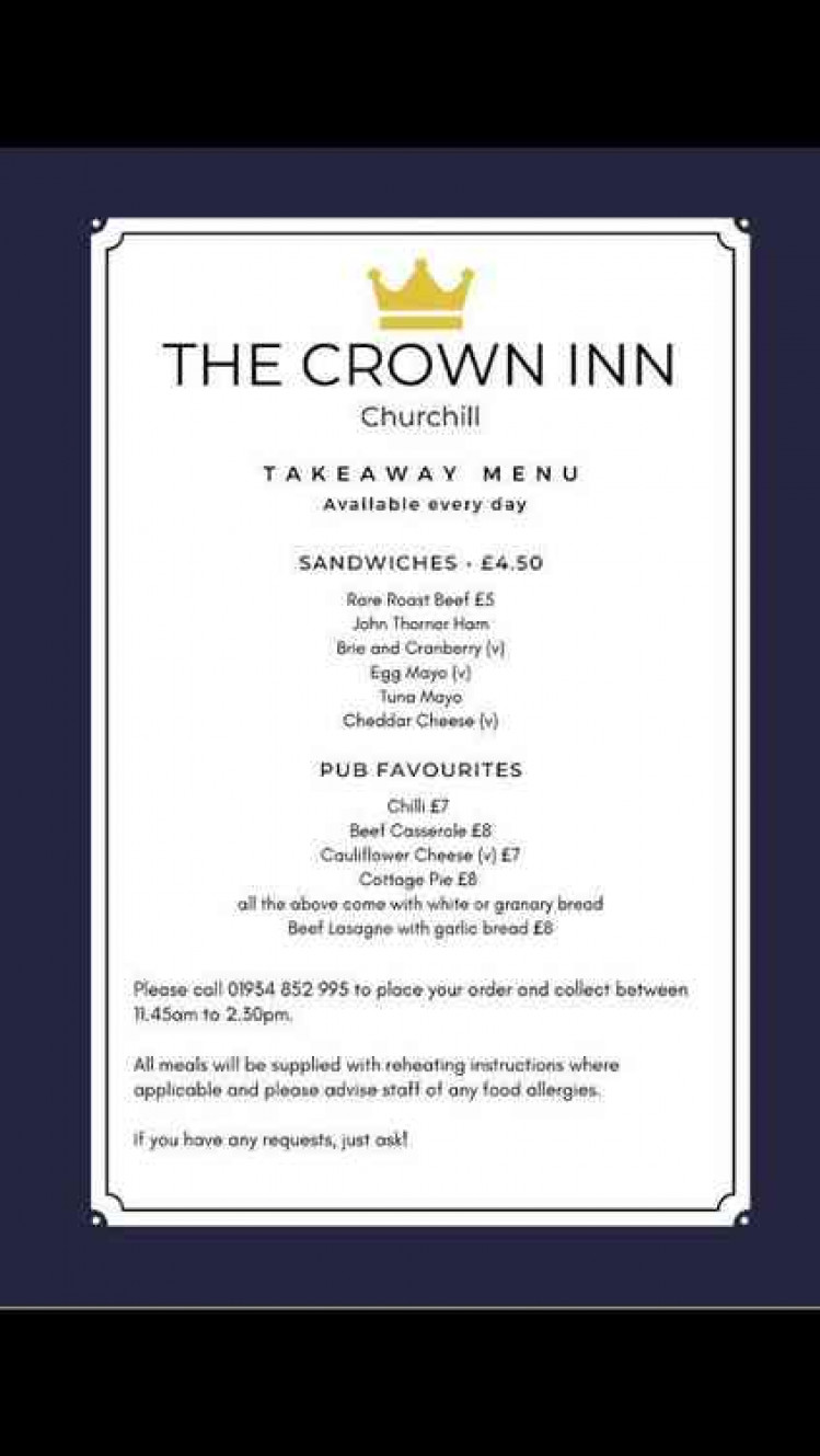 The takeaway menu from the Crown at Churchill