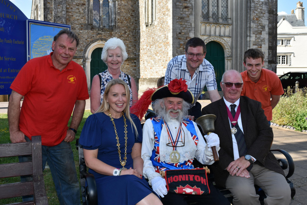 Standing L - R: Julian Rowe (Gittisham Forge), Cllr Serena Sexton, Terry Darrant, Alex Rowe (Gittisham Forge) Seated: Left to right: Cllr and mayor Helen Hurford, Dave Retter, Town Crier, Cllr Tony McCollum, Deputy Mayor of Honiton.