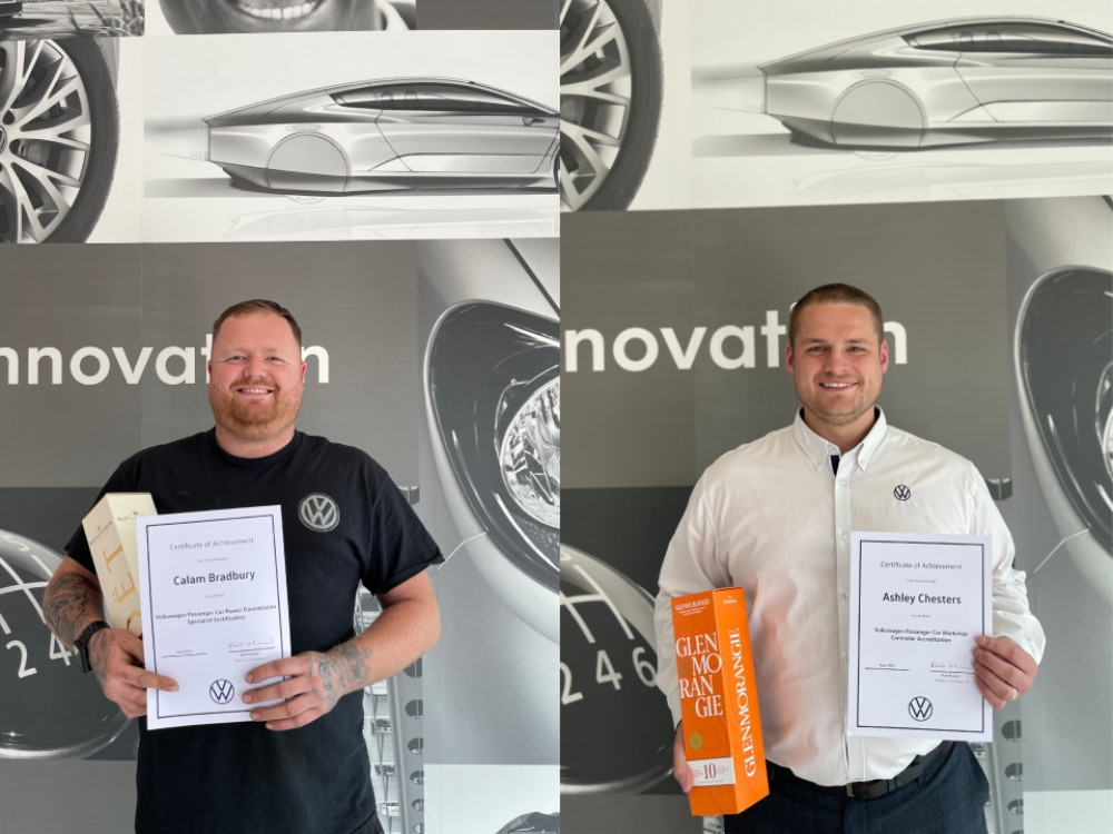 Technician, Calam Bradbury, has finished his Volkswagen Power Transmission Specialist Accreditation, while Ashley Chesters has achieved his Workshop Controller Accreditation (Nub News).
