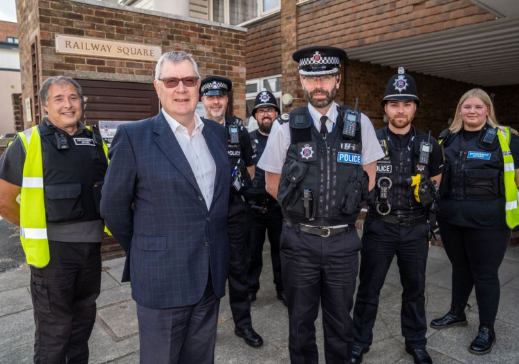 Police, Fire and Crime Commissioner Roger Hirst and Deputy Chief Constable Andy Prophet with Community Safety Officers and officers from Brentwood Community Policing Team.