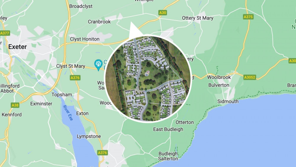 Location of development (Google Maps). Inset: West of Gribble Lane indicative masterplan (Planning documents)