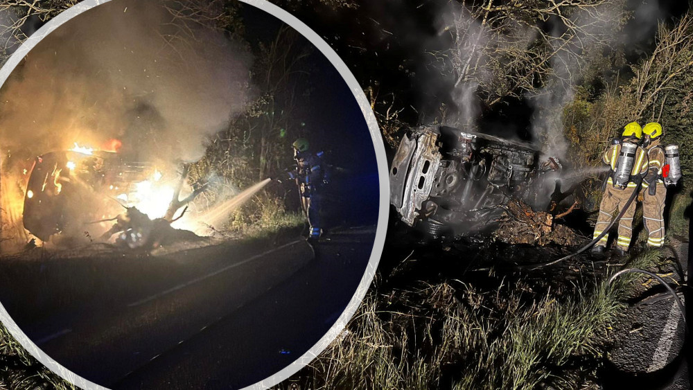 Pictures from the scene show the car consumed by flames, as Maldon firefighters worked to get the blaze under control. (Photos: Maldon Fire Station)