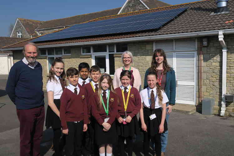 Pupils in front of the solar panels at Hugh Sexey Middle School before the coronavirus lockdown