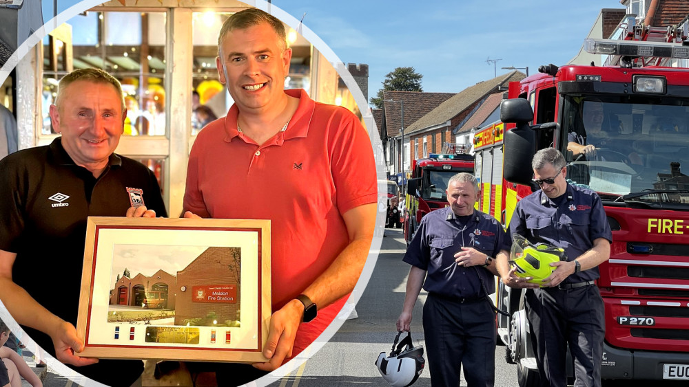 Inset: Martin Cable (inset, left) was presented with a framed photograph of Maldon Fire Station by Crew Manager Nick Trice (inset, right). Right: The two represented Maldon Fire Station at last year's Maldon Carnival. (Photos: Maldon Fire Station and Ben Shahrabi)