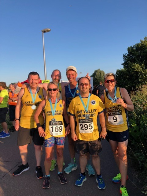 After the Exeter 10k – (back from left) Richard Matthews, Corey Schultz, Rob Collier; (front from left) Angela Kerr, Craig Tiley and Carol Austin