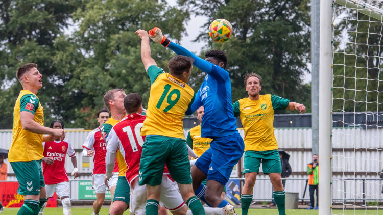 Hitchin Town fixtures: 2023-2024 Southern League Premier Division Central. PICTURE: An action shot during Dan Webb's testimonial vs Arsenal at Top Field in July 2023. CREDIT: PETER ELSE 