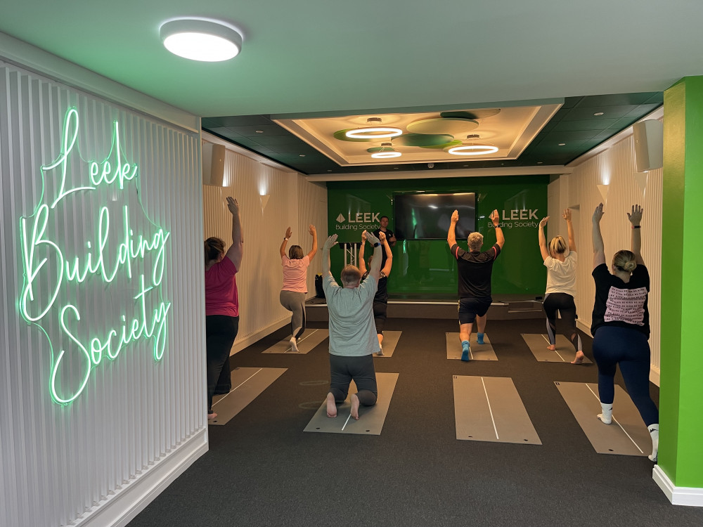 Leek Building Society, which has branches in Hanley, Newcastle and Uttoxeter, recently held a yoga session for staff (Leek Building Society).