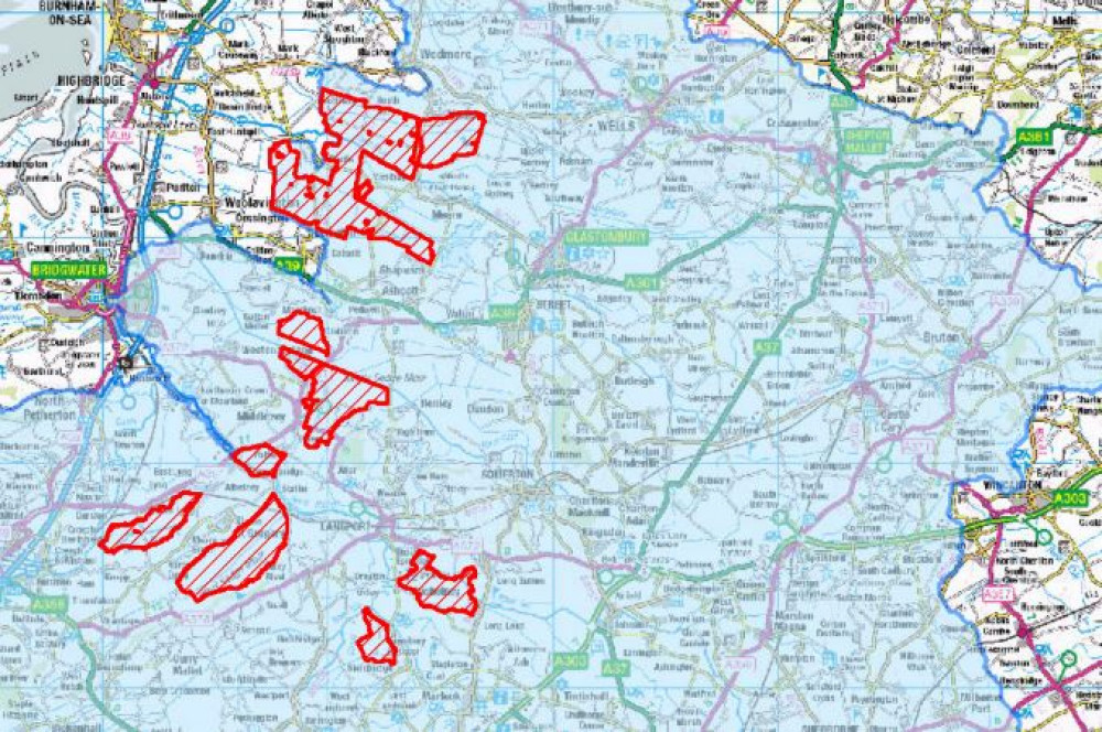 An extract from the phosphates map on the Somerset Council site showing the areas