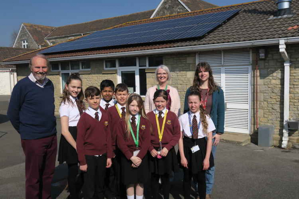 Pupils in front of the solar panels at Hugh Sexey Middle School