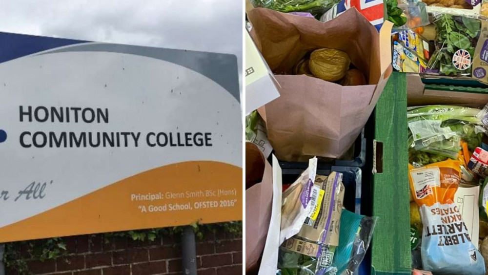 L: Honiton Community College is the new distribution point for Foodsave (and right, a Foodsave parcel. Credit: Foodsave) 