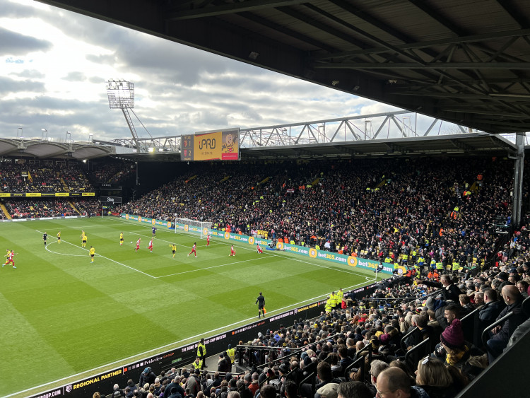 Stevenage host Watford at the Lamex on Tuesday night in an eagerly-awaited Hertfordshire derby as Police reveal arrests for football hooliganism in and around the Hornet's home ground Vicarage Road last season (pictured) as they say: Don’t kick off and get a criminal record. CREDIT: @laythy29 