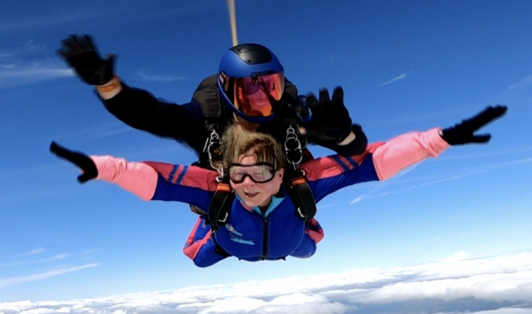 Stunning video at the top of this article shows brave June having the time of her life in the air. (Image - Skydive Tilstock) 