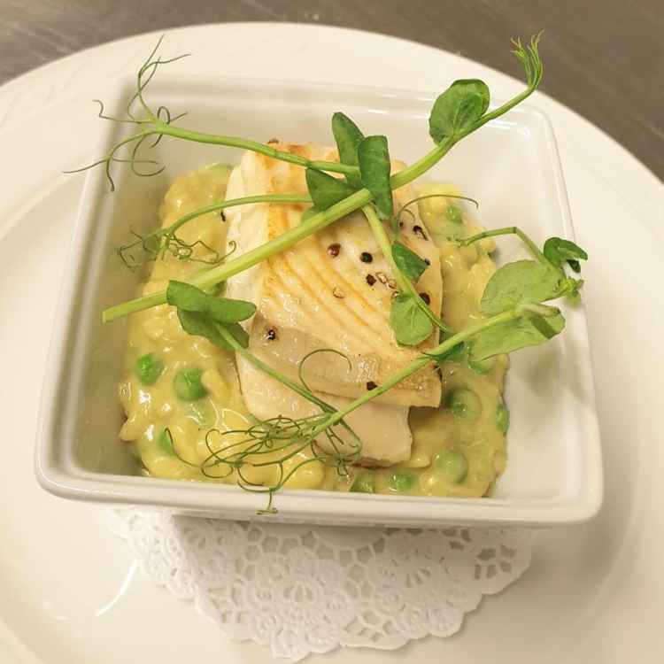 Glitney halibut on a creamy pea risotto, one of the dishes at Franks Restaurant