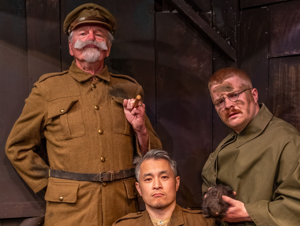 Frome left - Melchett (John Nichols), Blackadder (Nicky Cheung) & Baldrick (Connor Bailey) dig deep into the trenches with a ‘cunning plan’ ready for action (image via Talisman Theatre)