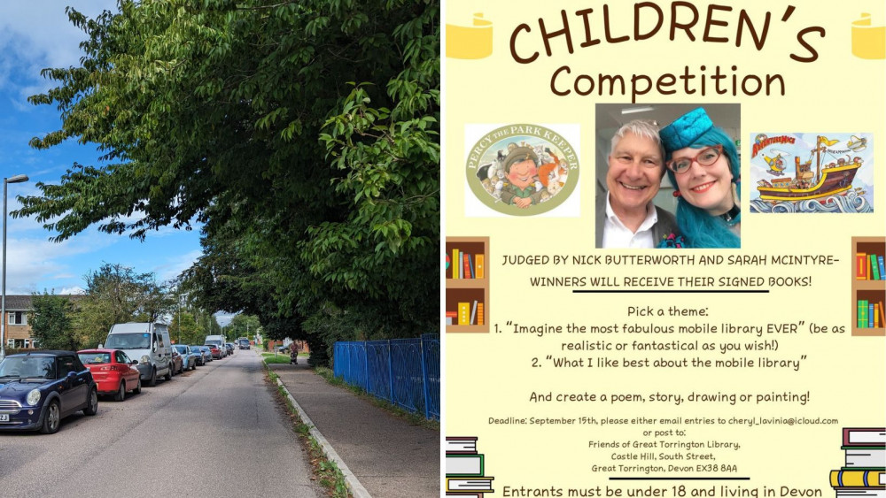 A mobile library visits Feniton (right) and left, the poster for the competition (Credit: Cheryl Cottle-Hunkin)