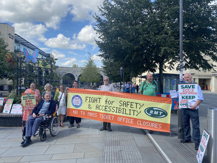 Protestors opposed to the ticket office closures outside Bath Spa railway station on 16 August (Image: John Wimperis) - free to use for all partne