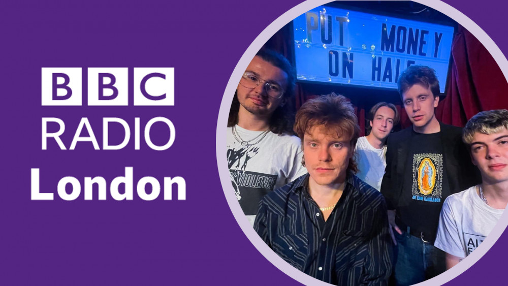 The Hardwickes, made up of Jonny Foster (lead vocals and guitar), Tom Foster (drums and vocals) Joe Hurst (bass and vocals), Lewis Bewley-Taylor (keyboards) and Jack Pearce (saxophones), will be on BBC Radio London this afternoon. (Credit: BBC and Hardwicke Circus)