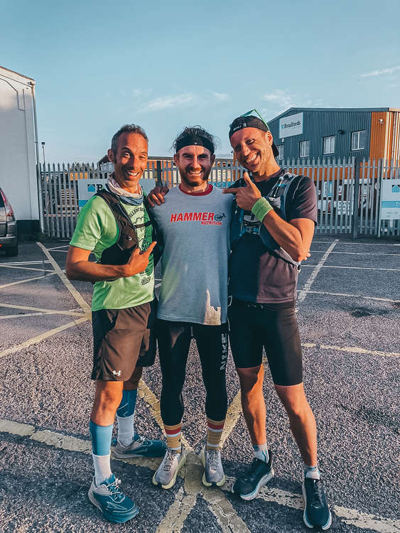 Chris Hewett (left), Rhys Jenkins (centre) and Tom Garrod, Guinness World Record holder for running the length of Ireland, who joined him for the Somerset portion of his journey