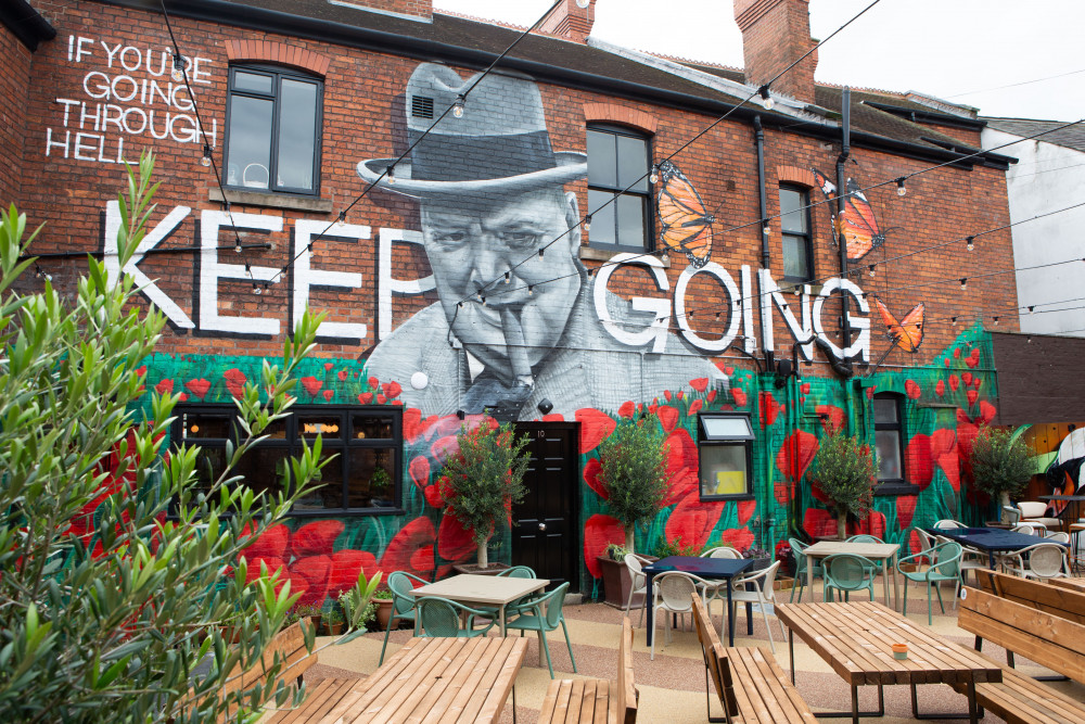 The giant Churchill mural outside complete with the black Number 10 door! (Photo: Robinsons Brewery)