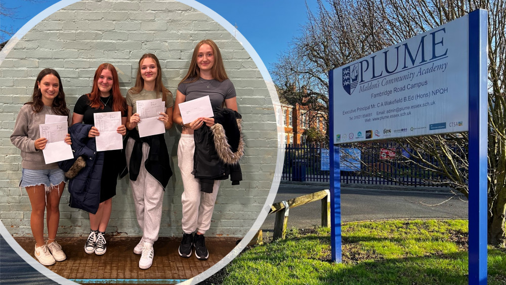 Students Poppy Brown, Hannah Stubbings, Evie Littman and Scarlett Chapman (inset) were among hundreds of Plume Academy students collecting their GCSE results today. (Photos: Ben Shahrabi)