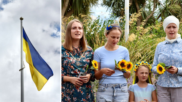 L: Ukrainian flag atop flagpole in Dawlish. R: Refugees singing (Nub News)