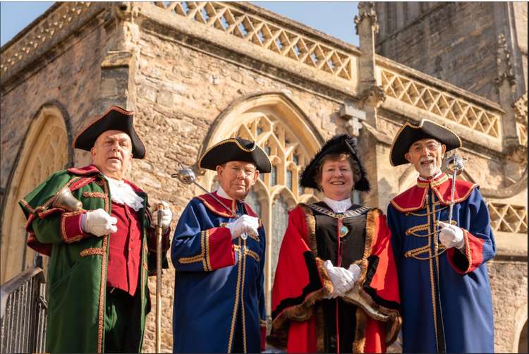 From left, Town Crier Nigel Scott, Sergeant at Mace John Hawkins, Mayor Kate Browne and Town Bailiff Francis Ferguson