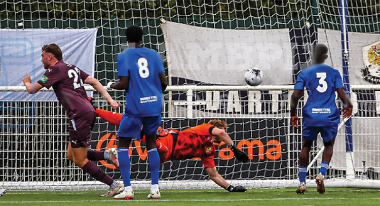 Harvey Bradbury’s matchwinning header. Pictiure by Kevin Lamb (Lambpix). 