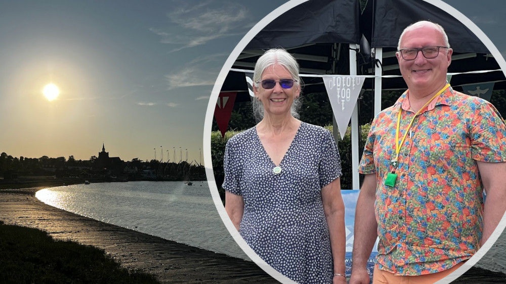 Saltmarsh Coast Walking Festival participants will see stunning scenery, historic landmarks, and wildlife with like-minded walkers. Inset: Maldon In Bloom Chair Flo Shaughnessy with Tourism Group Chair James Burrell-Cook. (Credit: Ben Shahrabi)