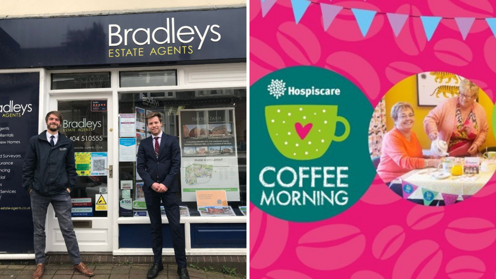 The team at Bradleys are hosting a Coffee Morning next week (Joe Keep, left, photographed by Nub News and the event poster, Bradeys Honiton)