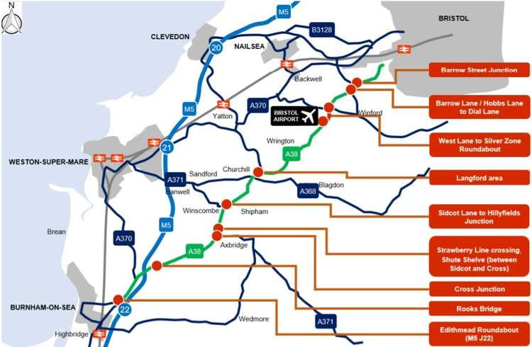 A map of the improvements planned along the A38 (Photo: North Somerset Council)