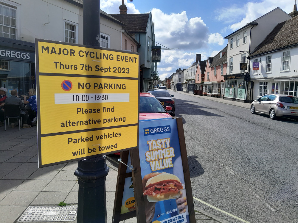 Tour of Britain parking warning sign in Hadleigh