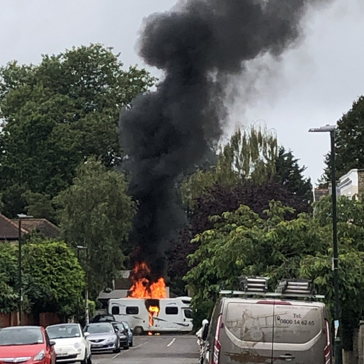 Motor home ablaze on Park Road. (Photo: The Landmark Arts Centre)