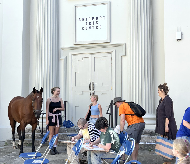 The What is Beautiful workshops started with a real-life horse visiting the Bridport Arts Centre forecourt