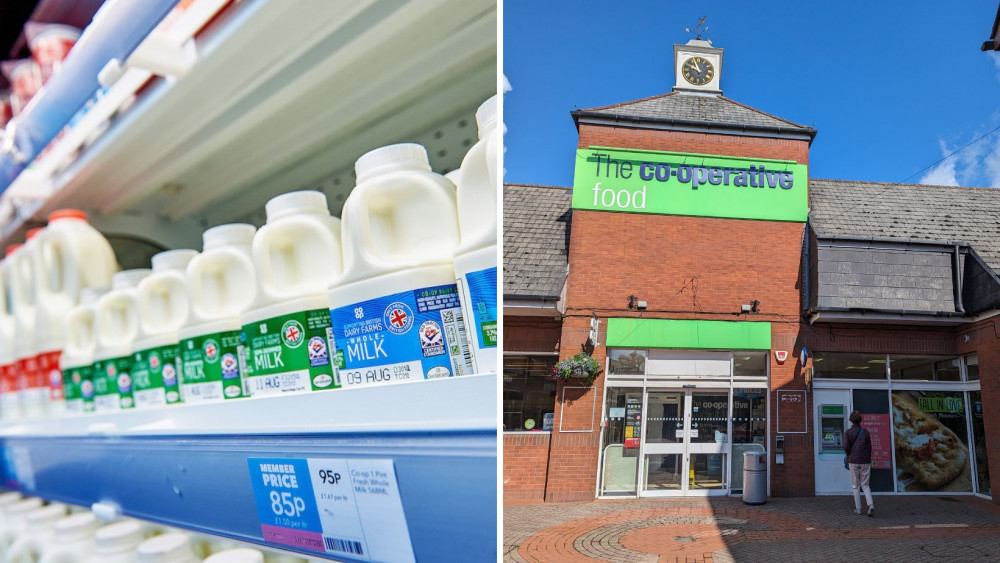 Milk for sale in the Co-op and right, Honiton Co-op on Lace Walk (Credit: Co-op/Nub News) 