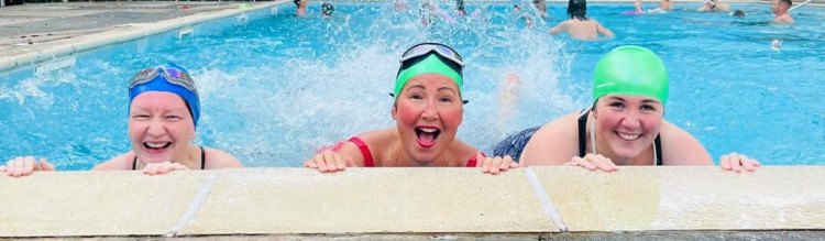 A trio of local women from Teddington Theatre Club (TTC) swimming to raise money for Hampton Hill Theatre. (Photo: Joanna Taylor and Hampton Pool)