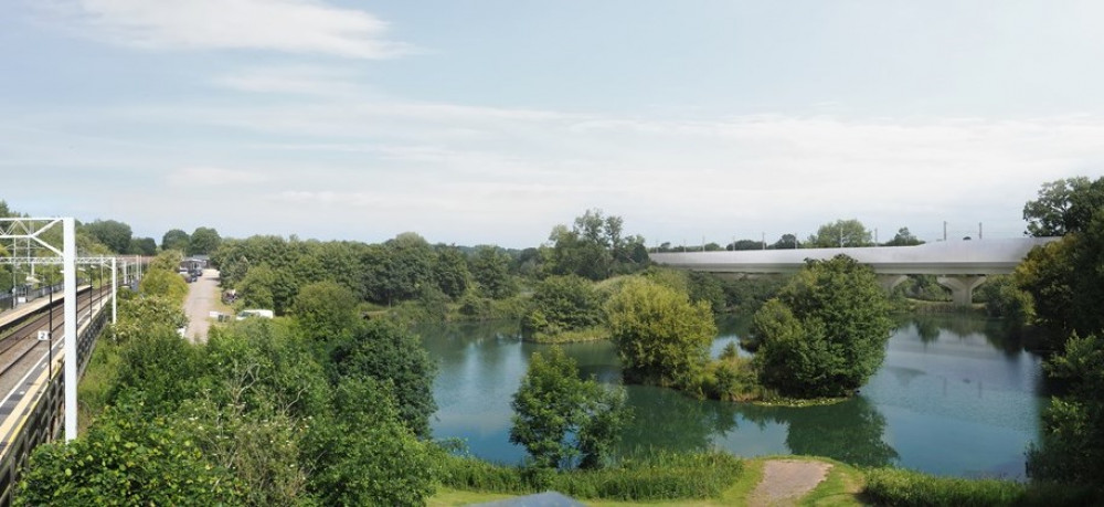 An artist's impression of the viaduct from Berkswell Station pedestrian bridge looking north (image via HS2)