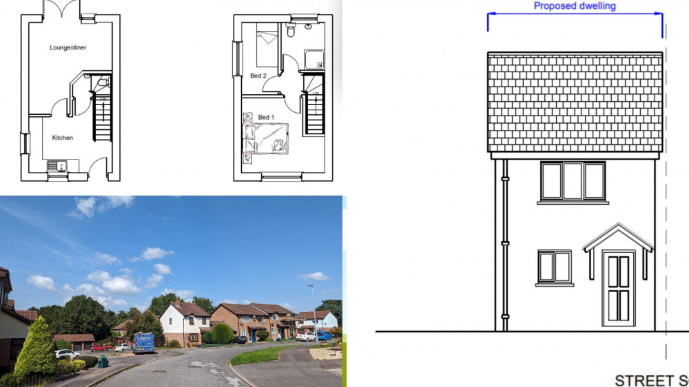 Top and right, an architect's sketch of the proposed dwelling and below right, Cherry Close. (EDDC and Nub News) 