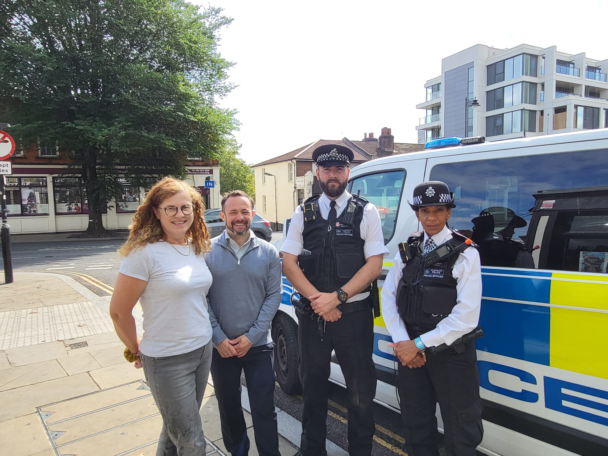 Councillor Connie Hersch and Councillor Gary Malcolm with the local police in Hanwell (image supplied by Gary Malcolm).