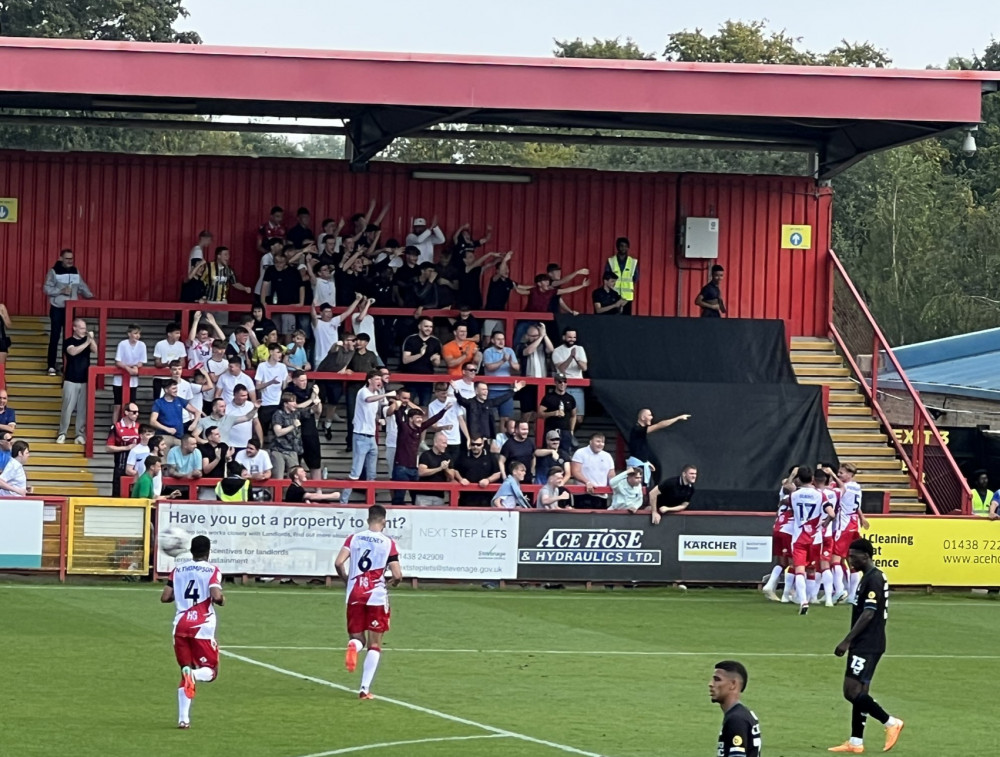 The East Terrace celebrate Jamie Reid's opener against Charlton Athletic on Saturday at the Lamex. CREDIT: @laythy29