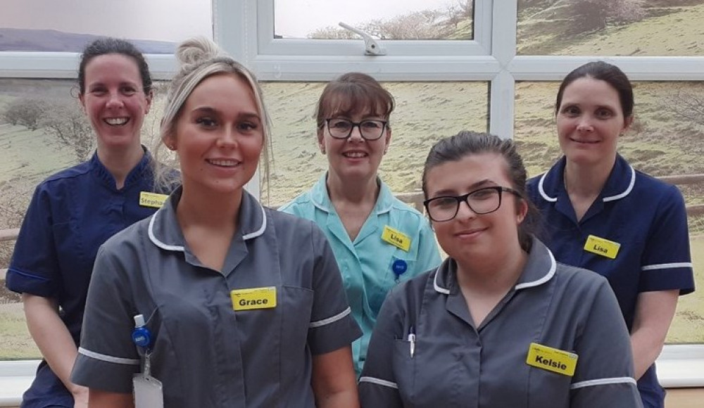 The team from Ward 9 Stephanie: (Front to back) Admiral Nurse, Grace, HCA, Kelsie, HCA, Lisa, Activities Co-ordinator and Lisa, Ward Sister.