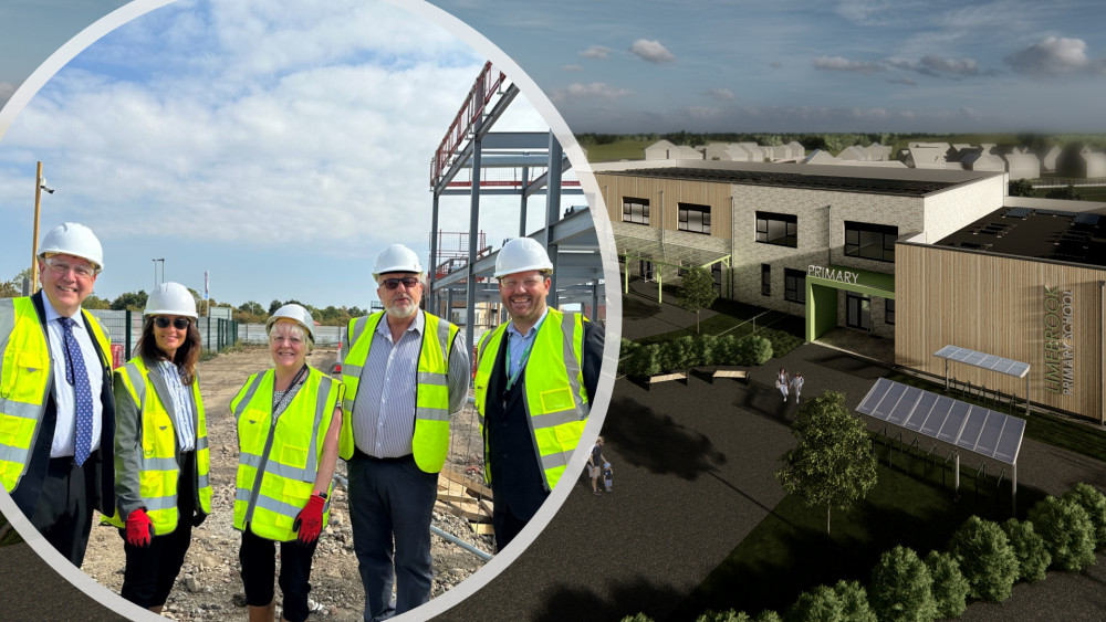 Inset: Sir John Whittingdale was pictured with County Councillor for Maldon Jane Fleming, County Council Cabinet Member for Children’s Services Beverley Egan,  County Council Cabinet Member for Education Excellence Tony Ball and Lion Academy Trust Chief Executive Justin James. Right: An artist’s impression of the new school. (Credit: John Whittingdale and Ingleton Wood)